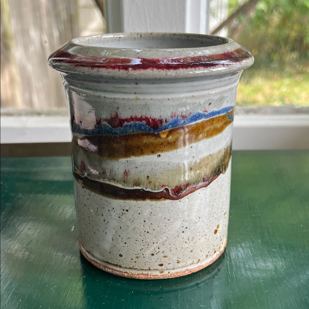 Handcrafted Pottery Vase with Multicolor Stripes